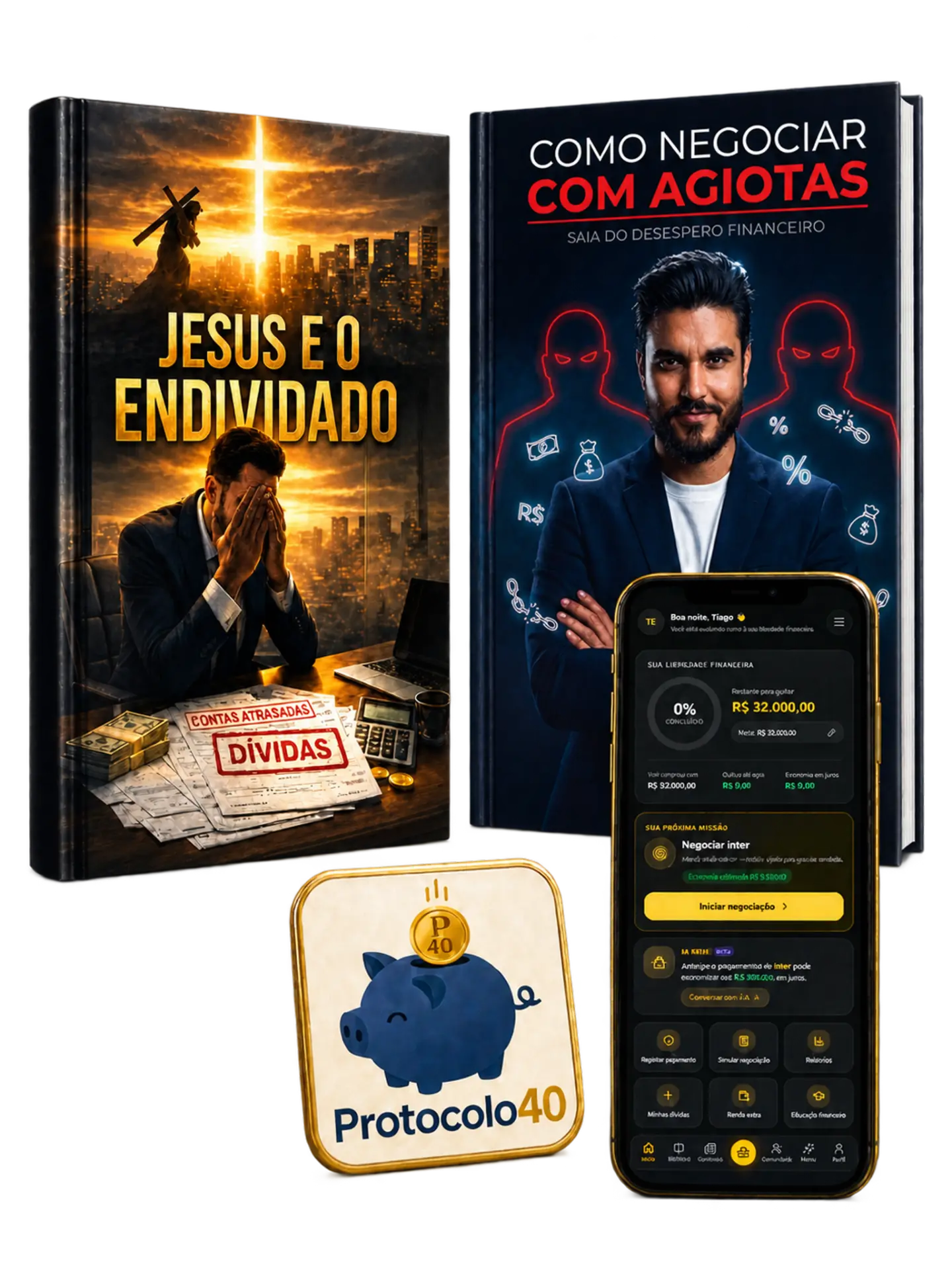 Mockup do livro Jesus e o Endividado com o app Protocolo 40